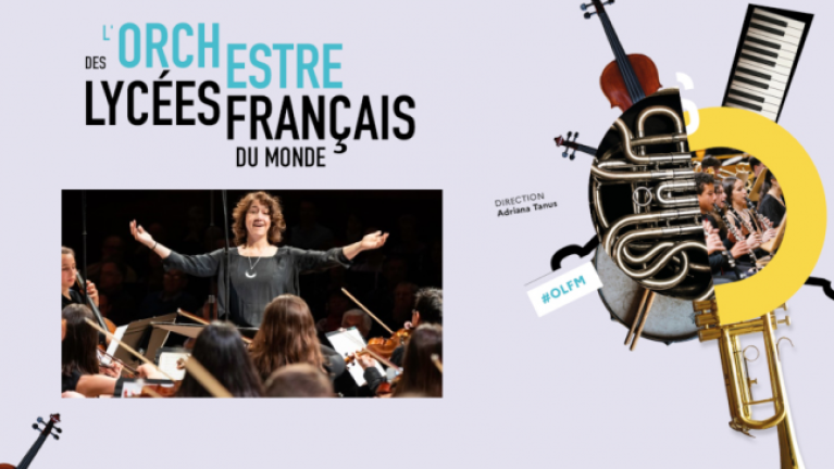 Identité graphique de l'Orchestre des lycées français du monde (composition graphique avec des photos d'instruments) et photographie de la cheffe d'orchestre, bras ouverts, dans une attitude bienveillante (composition d'instruments).