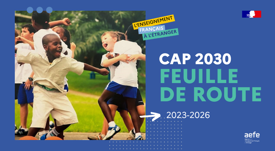 Visuel mentionnant "Feuille de route du Cap 2030", avec une photo d'enfants de maternelle qui jouent. 